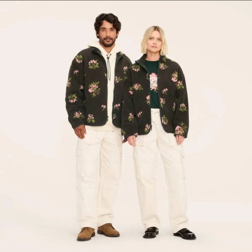 Woolrich x Target Adult Unisex S / Small Floral Zip-Up Fleece Jacket Olive Green - Picture 3 of 5